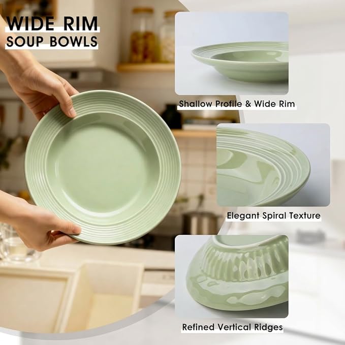 Wide Rim Soup Bowls, 11oz Small Capacity Rimmed Pasta Bowls Set of 4, 8 Inch Ceramic Salad Bowl, Shallow Plates, Elegant Dinner Cereal Serving - Microwave Dishwasher Oven Safe - Green