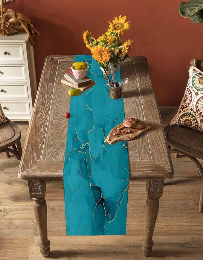 Teal Marble Table Runners 120 Inches Long, Turquoise Marble Crack Table Runner - Image 4