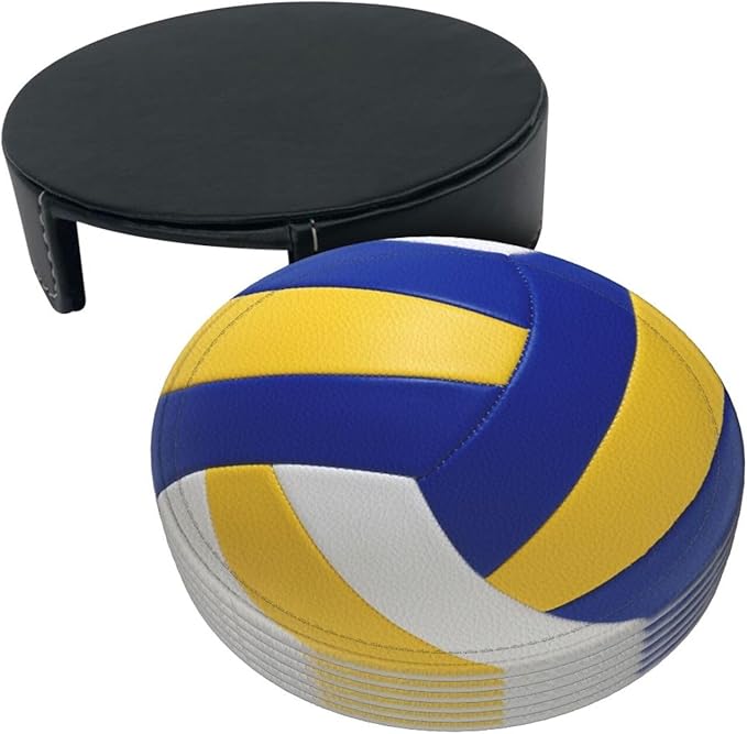 Volleyball Coasters for Drinks with Holder Round Leather Coasters Set of 6 Cups Mugs Mat Pad for Home Kitchen Bar