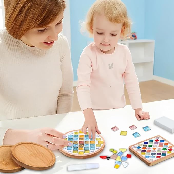 Airsnigi 10 Set DIY Mosaic Tiles for Crafts Mixed Color Mosaic Kits with Wooden Coasters Handmade Glass Coasters Crafts Set for Adult Creative Handmade Home Decoration Christmas Gift
