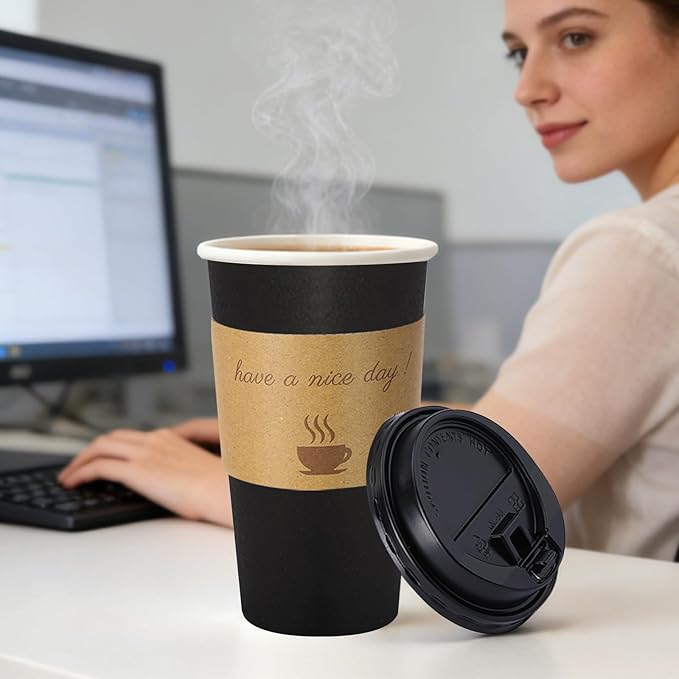 50 Pack 20 oz Disposable Coffee Cups with Lids, Paper Hot Coffee Cups with Sleeve and Straw, To Go Cups for Home, Office and Party (Black 20oz)