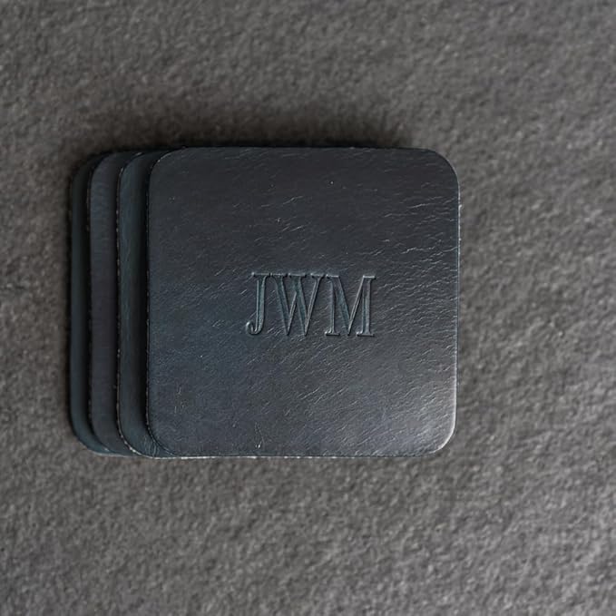 Ox & Pine Personalized Leather Coaster - Sold Individually or in Sets of 4 - Customize Inscription - 100% Full-Grain Leather – 4" Round or 4" Square (Square, Deep Ocean, Set of 4 Coasters)