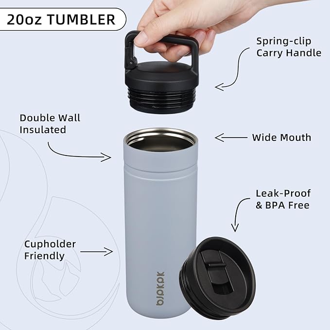 BJPKPK Insulated Water Bottle with 2 Lids,20 oz Double Wall Stainless Steel Vacuum Tumbler Travel Coffee Mug,Wide Mouth Thermal Cup,Haze Blue