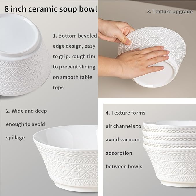Yeacccng Deep Soup Bowls Set of 4, 58oz Large Cereal Bowls, Large Soup Bowl for Kitchen, 8.2 Inch Embossment Decorative Bowls, Dishwasher & Microwave Safe, Scratch-Resistant, Lead-Free, Easy Clean