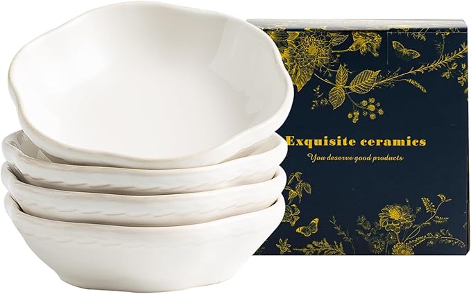 4.4Oz Kiln-Changed Dipping Bowls, 4.3 Inches Ceramic Flower-Shaped Soy Sauce Dishes, Small Appetizer/Side Plates Set of 4 (white)