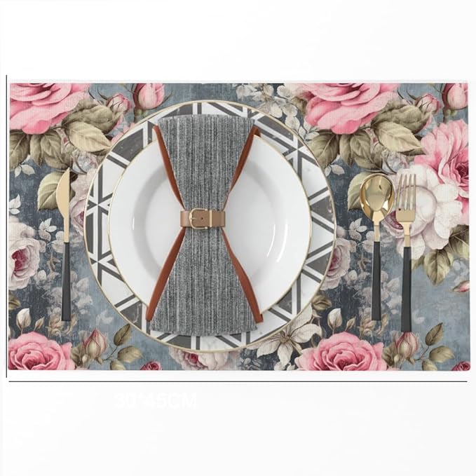 12"x18" Pink White Rose Florals Grey Vintage Flowers Placemats Set of 4 Washable Thick Place Mats Kitchen Table Mats Decorative Linen Fabric Table Mat for Dining Table Kitchen Home Decor