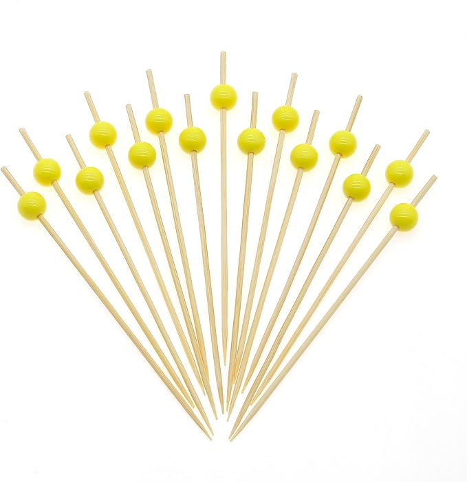 Minisland Yellow Pearl Cocktail Picks, 4.7 Inch Long Bamboo Fancy Toothpicks for Appetizers, Decorative Mardi Gras Carnival Party Food Drink Garnish Fruit Kabob Skewer Sticks 100 Counts - MSL451