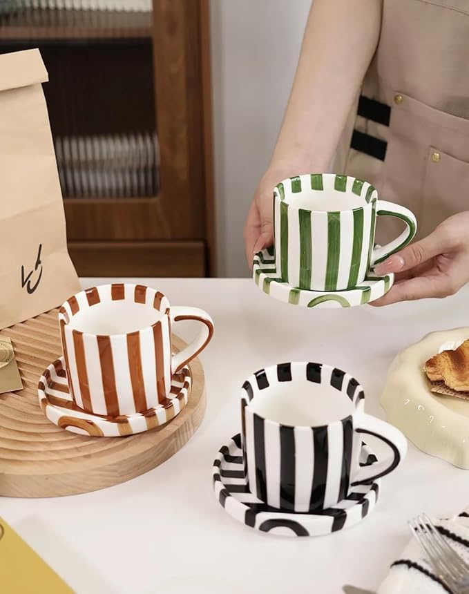 Cup and Saucer Set Hand-Painted Green Stripes, 8 Oz Ceramic Coffee Mug - Image 8