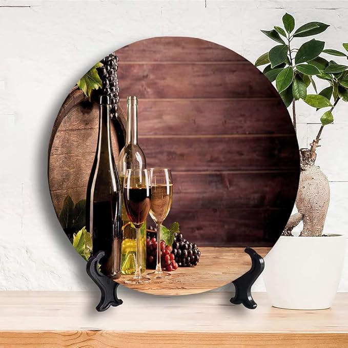 Decorative Plates, Wine Print Ornament, Rustic Viticulture Concept, 6 Inch, 1 Plate with 1 Display Stand, Brown Green Light Brown