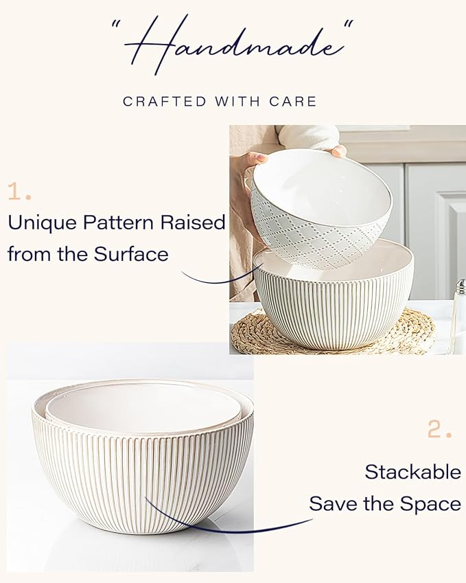getstar Deep Ceramic Mixing Bowl Set of 2(8.7"/7.5"), 3&1.8 Qt Large Salad Serving Bowls Vintage Nesting Mixing Bowls for Cooking, Baking, Prepping, Microwave and Dishwasher Safe