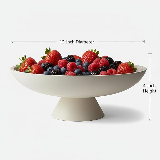 12" White Concrete Fruit Bowl - Modern Minimalist Concrete Decorative Bowl for Kitchen Counter, Living Room Coffee Table Storage
