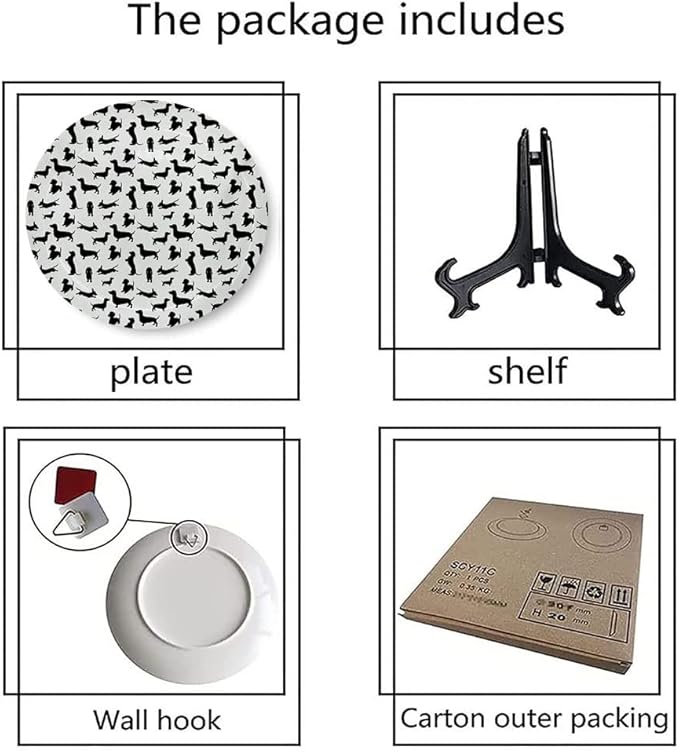 Ceramic Plates, Dog Lover Decorative Ceramic Plates, Monochrome Dachshunds in Numerous Stances Active Life, 6 Inch, for Dining, Parties, Wedding, Black White