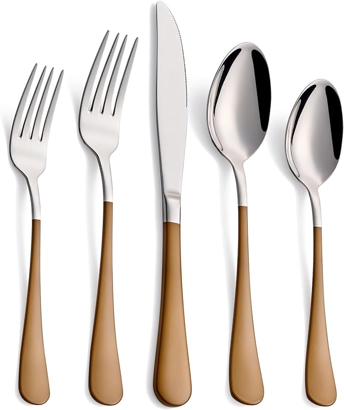 20-Piece Coffee Color Silverware Set 18/0 Stainless Steel Coffee Color Handle Flatware Set Service for 4 Modern Cutlery Set Includes Dinner Knives Forks Spoons, Mirror Polished Dishwasher Safe