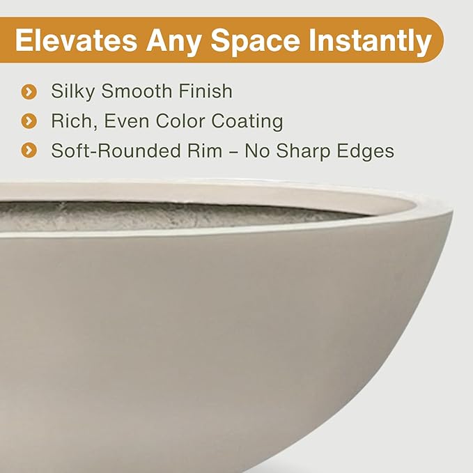 7.7" H x 22" D Round Bowl Fiberstone Planter for Succulent and Lotus with Drainage Hole, Smooth Finishes, Weather Resistant, Included 2 Extra Coco Mats (Taupe, 19.9" Pot Opening)