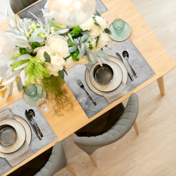 Grey Marble Placemats Set of 4, Washable Minimalist Style Placemats, Non-Slip Table Rectangle Linen Place Mats for Kitchen Dining Party Home Indoor Table Decor, Modern Art on The Dining Table