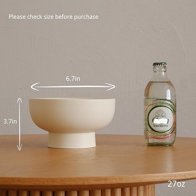 WENSHUO High-foot Deep Fruit Bowl, Ceramic Pedestal Decorative Bowl, Round Bowl for Salad, Small Size (Matte Crème, 6.7")