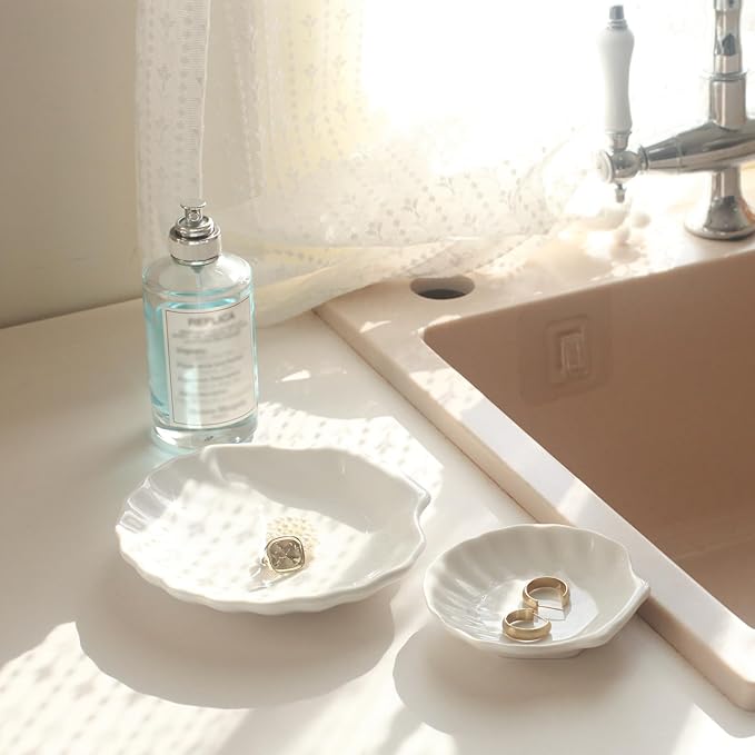 Shell Ring Dish Tray, Ceramic Jewelry Tray Trinket Dish, Seashell Key Holder Bowl, Beach Room Coastal Decor Aesthetic, Ocean Bathroom Counter Decor, White, Small