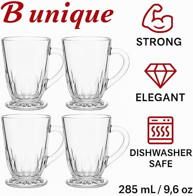 B Unique Clear Drinking Glasses Set of 6 | 285 mL Premium Glass Cups for Water, Juice, Tea & Cold Drinks | Durable, Modern Design, Dishwasher-Safe Drinkware Set