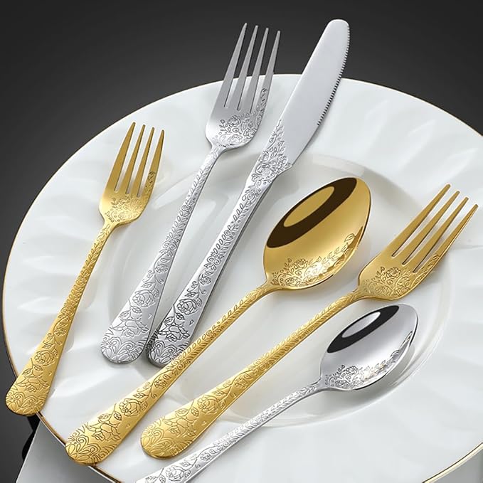 40-piece flowers TWEE Silverware Set for 8, Palace Style Stainless Steel Flatware Cutlery Serving Utensils, Eating Tableware for Home Kitchen Hotel Restaurant, Mirror Polished