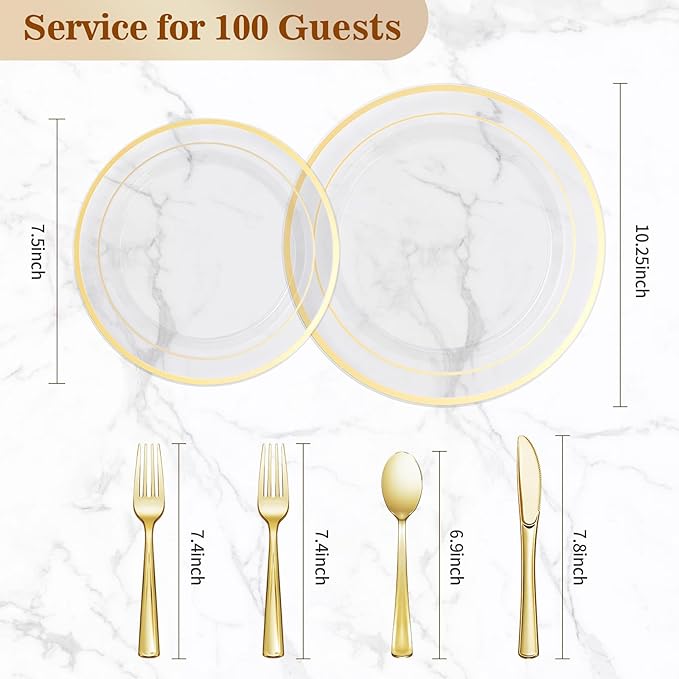 BESTVIP 600PCS Clear Gold Plastic Plate Set (100 Guests), Plastic Plates for Party Wedding Birthday, Disposable Dinnerware Set of 200 Plates, 200 Forks, 100 Spoons, 100 Knives for Christmas