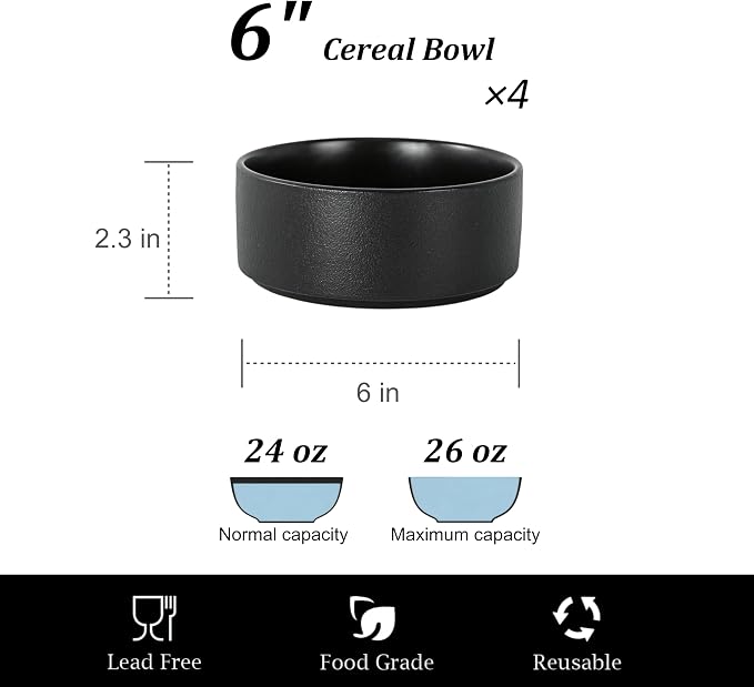 26 OZ Ceramic Cereal Bowls Set, 6 Inch, Modern Black | Dishwasher & Microwave - Image 3