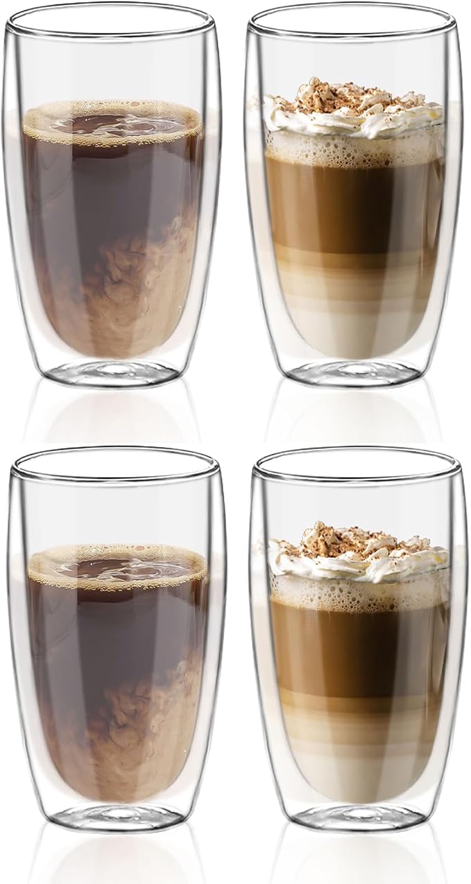 Glass Coffee Cups Set of 4, 15 oz Insulated Double Wall Glass Espresso Cups by LYTDMSKY