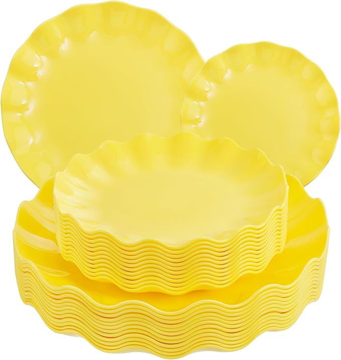 LIYH 24 Pcs Yellow Plastic Plates Reusable, Unbreakable Dinner & Salad Plate, Microwave & Dishwasher Safe, Scalloped Reusable Plastic Plates for Party, Birthday, Picnics (12Guests)