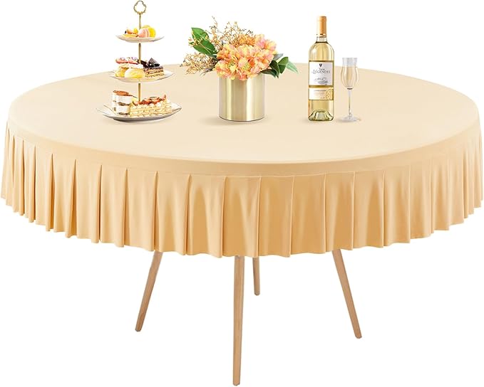 1 Pack Champagne Spandex Round Tablecloths for 60 inch Table, Stretchy Fitted 5FT Round Table Cloths,Wrinkle Free Table Cover with Skirt for Wedding Party Dining Banquet