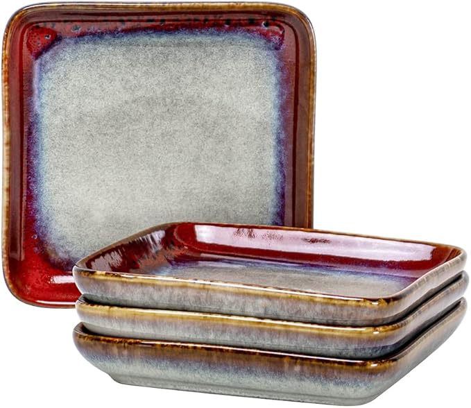 HENXFEN LEAD Small Square Plates 6.3 Inch – Ceramic Dessert, Appetizer & Snack Plates Microwave & Dishwasher Safe – Set of 4, Reactive Glaze Red