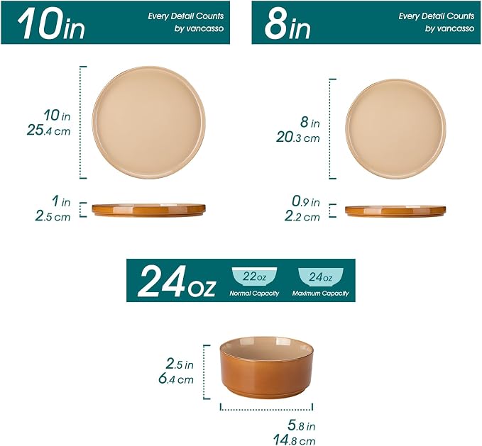 vancasso ONION Ceramic Plates and Bowls Sets, 12 Pieces Brown Dinnerware Sets - Image 2