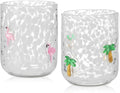 Skylety 2 Pcs Hawaii Icon Juice Rocks Glasses 14 oz Coconut Tree and Flamingo by Skylety