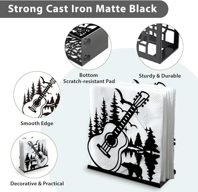 Guitar Forest Decorative Black Metal Napkin Holder for Table, 5.3" x 4.9" x 1.9" Music Tree Standing Napkin Holder for Home Kitchen Restaurant Picnic Party Coffee Bar Dining Room