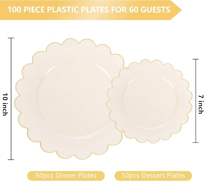 100pcs Scalloped Ivory Gold Plastic Plates, Elegant Party Plates | Includes 50 - Image 7