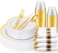 175PCS White and Gold Plastic Plates - Gold Plates with Rolled Napkins for Party - 25Guest Disposable Dinnerware Sets for Party/Wedding/Valentine's Day