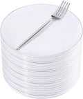 Rubtlamp 100Pcs Plastic Dessert Plates 7.5inch,100Pcs Disposable Silver Forks,White Plastic Plates With Silver Rim, Small Plastic Plates,Dessert Plates With Forks for Appetizer Cake