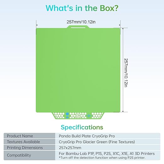 BIQU CryoGrip Pro Glacier Green Compatible with Bambu-Lab P1S/P1P/P2S/X1C/X1E/A1 3D Printers 257x257MM Panda Build Plate Double Sided Upgrade Removable Surface Platform