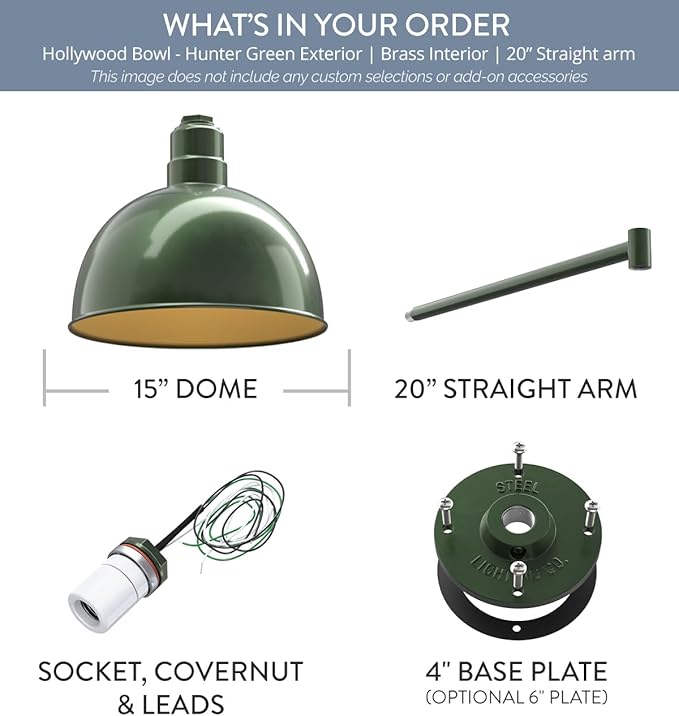 Steel Lighting Co. Hollywood Bowl Light | Outdoor Wall Mounted | 15 inch Bowl Dome | 20" Straight Arm | Barn Light Made in America | Hunter Green Exterior/Brass Interior