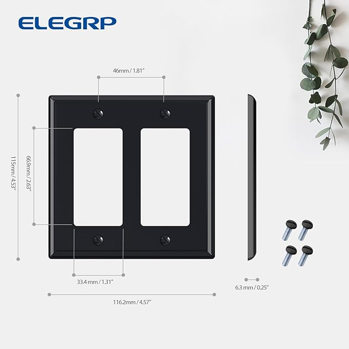 ELEGRP 2-Gang Decorative Wall Plates, Standard Size 4.53" H x 4.57" L Unbreakable Thermoplastic Faceplate Cover for Decorator Receptacle Outlet Switch, UL Listed (10 Pack, Glossy Black)