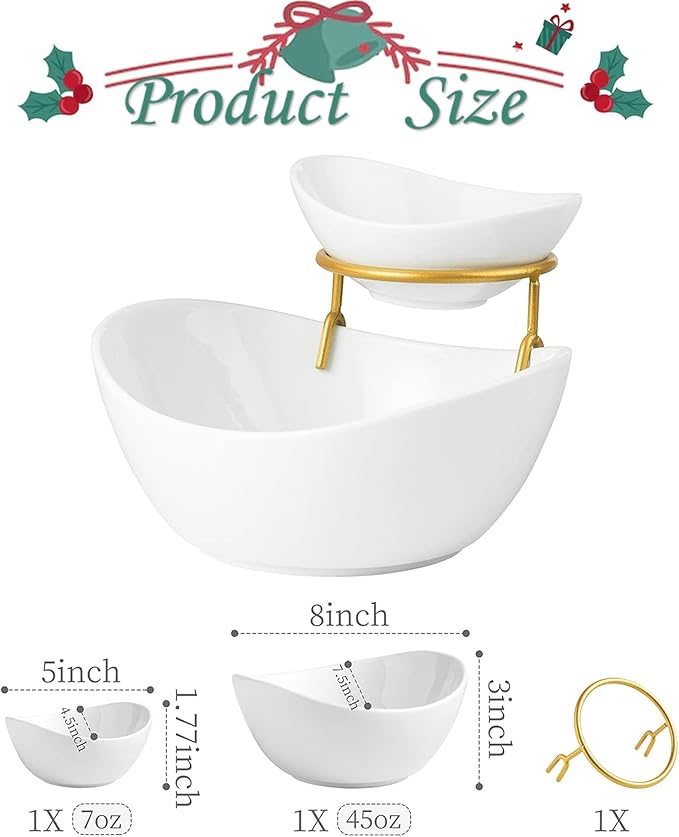 Porcelain Serving Bowl Set for Appetizer Serving Dishes Set with 2 Compartment, Chip and Dip Taco Rack Display Salad Bar Serving Set, Gold Stand
