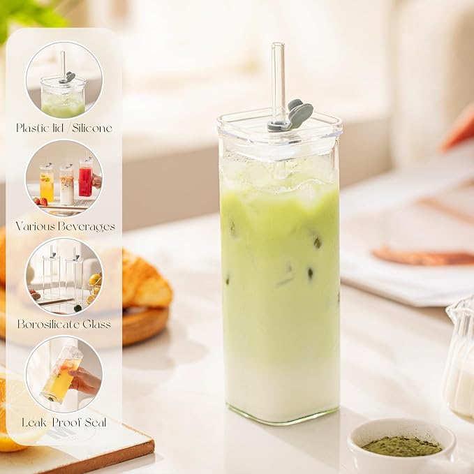 6 Sets Glass Cups with Lids & Straws, Square Ribbed Drinking Glasses with Lids, Clear Highball Tumblers for Cocktail, Coffee, Juice, Beer, Modern Mixed Drinkware Jars
