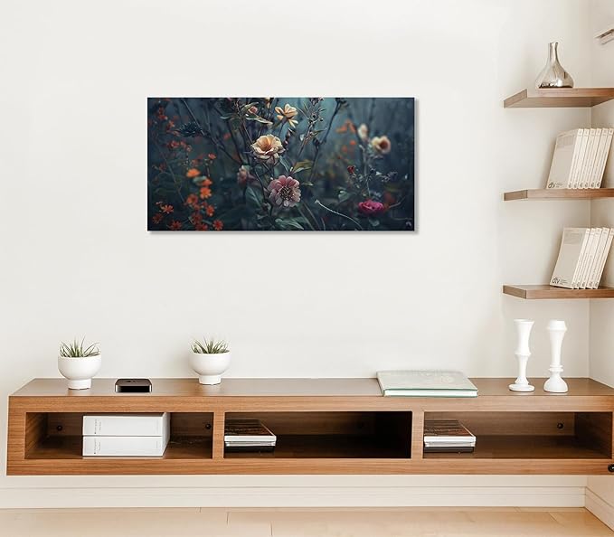 ADJUVANT Wall Art Impressionist Floral 60"L x 30"W, Dark Toned Blossoms With Lush Foliage Canvas Painting Enchanting Flowers Artwork Prints Floral Wall Decor for Living Room Bedroom Study Home Office