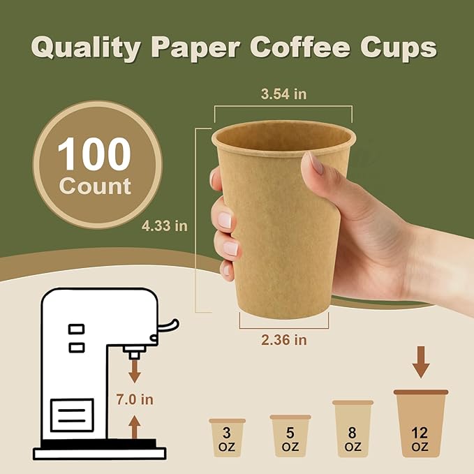 12 oz 100 Pack Disposable Coffee Cups, Bulk Brown Disposable Paper Cups, Coffee Cups for Hot Tea, Chocolate and Cold Drinks