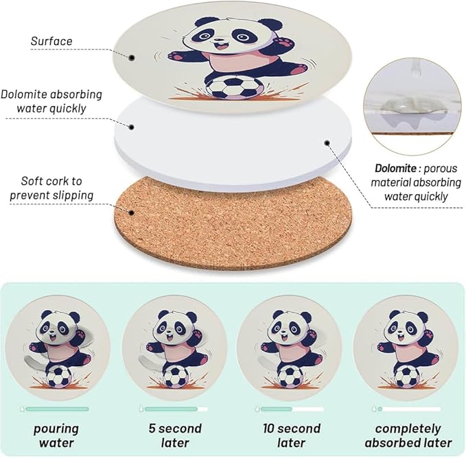 Ceramic Coasters Set of 6, Marble-Textured Design with Holder - Absorbent Cork-Backed Coasters for Cups, Bar & Coffee Table Decor Accessories (Panda, 6 Pack)