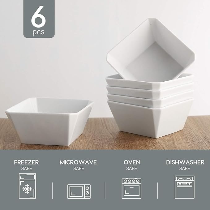 Porcelain Cereal Bowls, 16 oz Square Serving Bowls Set, 5 Inch White Ceramic Bowls for Salad, Soup, Snack, Dessert and Marmalade, Dishwasher & Microwave Safe, Set of 6