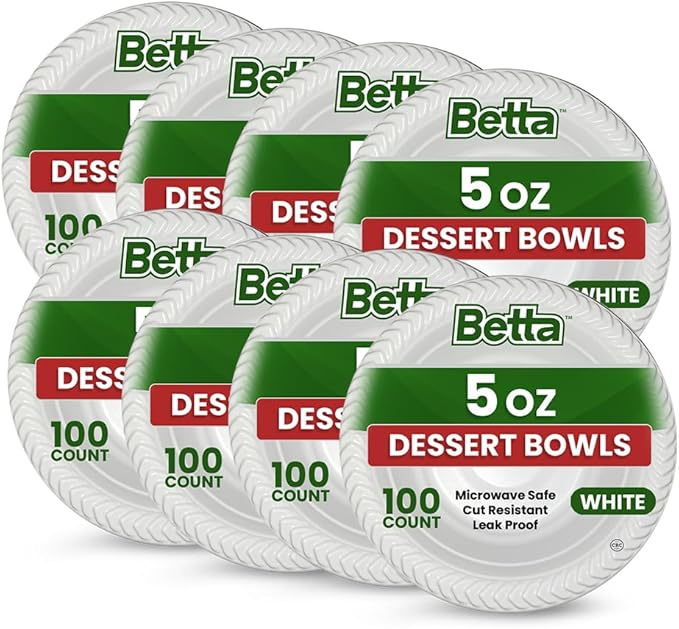 Betta 5 Oz Disposable Plastic Small Dessert Bowls, White, 800 Count, Bulk Case for Schools, Breakrooms and Cafeteria, Microwave Safe (8 Pack Per Box x100)
