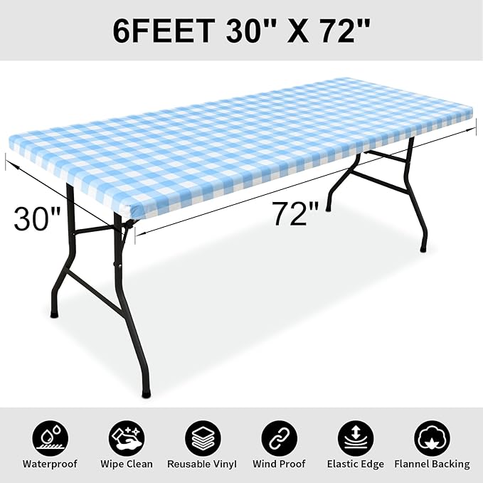 Smiry Rectangle Picnic Table Cloth, Elastic Waterproof Fitted Vinyl Tablecloths, Flannel Backed Buffalo Plaid Table Covers for Dining, Camping, Outdoor (Baby Blue and White, 30" x 72")