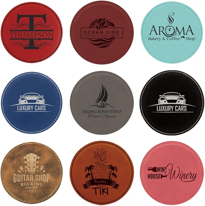 Custom Engraved Coasters | Personalized Leather Coaster | Set of 6 | Drink Coasters with Holder | Laser Engraved | Tabletop Protection | Gift for Couples (Round 4", Red w/Black)