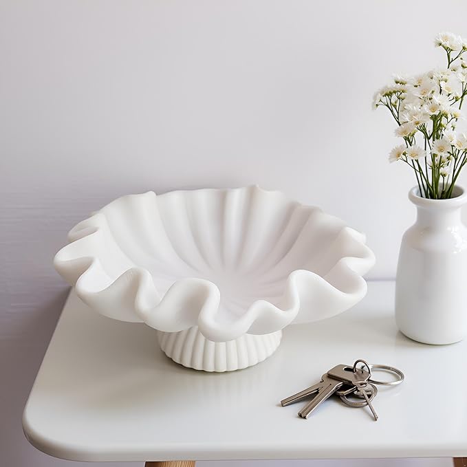 10" Large Decorative Bowl decor - milky white Scalloped Decorative Bowls for Home Decor - Organic Fluted Modern Home Decor,Ruffle Decor key bowl,bowl for keys