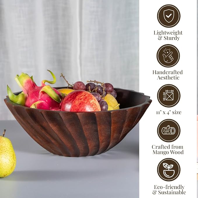 Folkulture Natural Ribbed Salad Bowl | 11” Large Mango Wood Serving Bowl - Image 3
