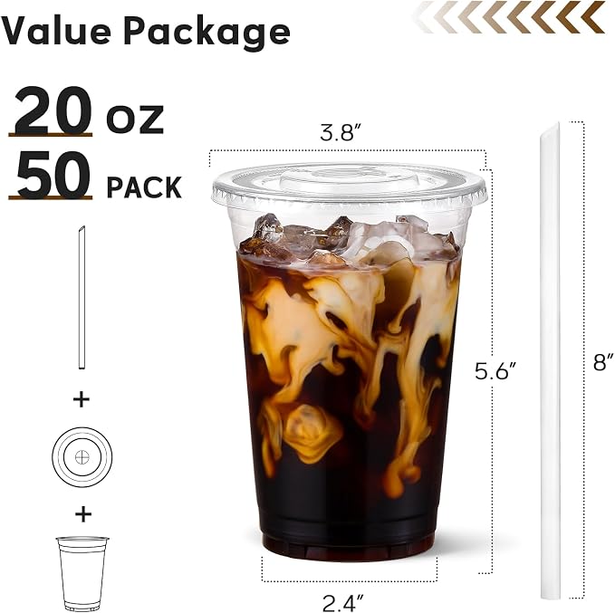 AOZITA 20 oz Plastic Cups with Lids and Straws, 50 Pack, Disposable Iced Coffee - Image 2